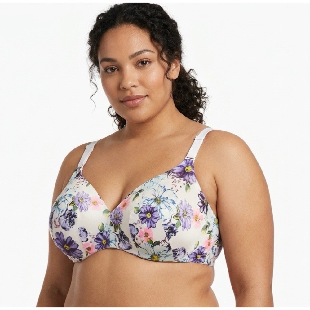 Cacique Lightly Lined Balconette Bra Size 46DD Purple Floral Adjustable Strap‎